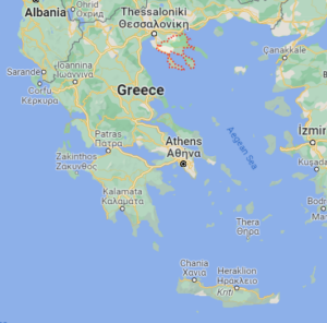 a map which shows greece, highlighting the region of Halkidiki